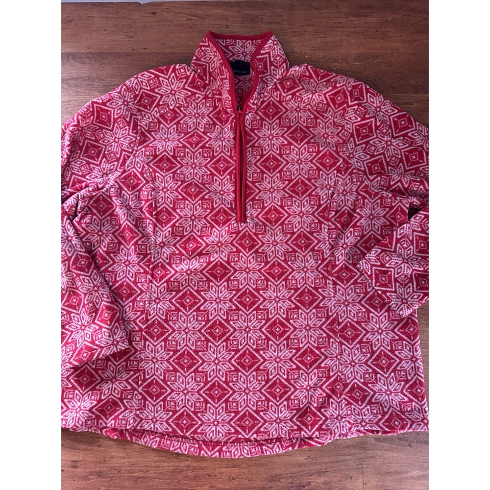 Lands' End Women 1X Red White Snowflake Fleece 1/4 Zip Pullover Nordic Fair Isle